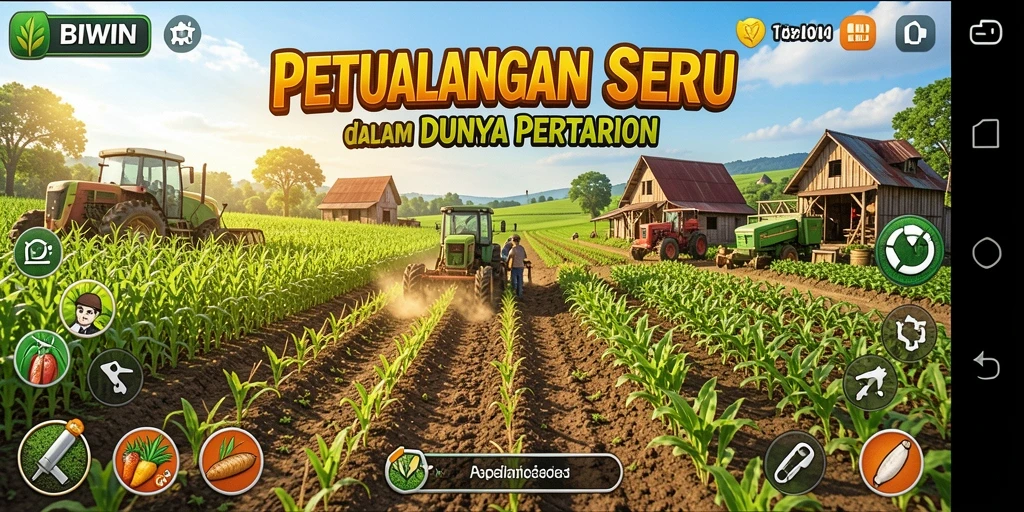 Tampilan utama gameplay BIWIN dengan aktivitas pertanian yang menarik.