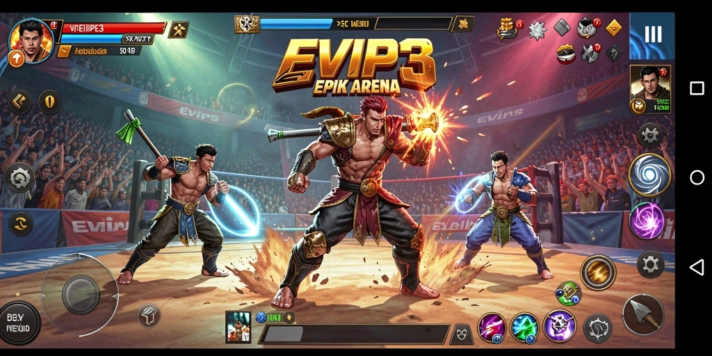 Tangkapan layar gameplay EVIP3 menampilkan pertempuran seru antara petarung papan atas.