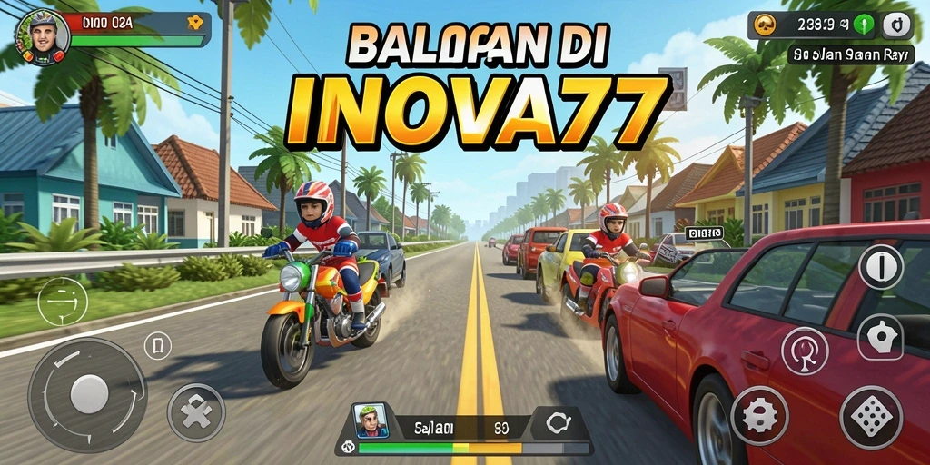 Tangkapan layar utama INOVA77 menampilkan aksi balapan yang mendebarkan di jalan raya.
