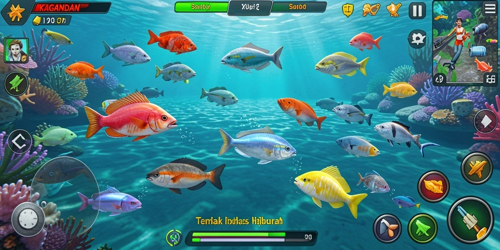 Gameplay seru KAGANDAN menampilkan berbagai jenis ikan untuk ditangkap.