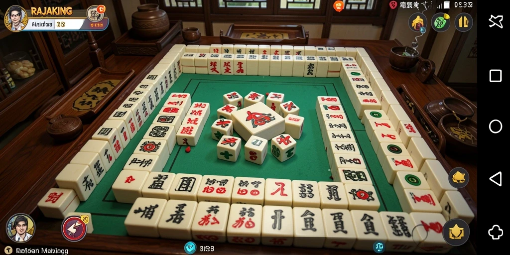 Tampilan gameplay menarik dari RAJAKING dengan ubin Mahjong.