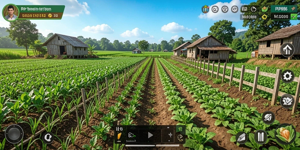 Tampilan gameplay RP886 dengan ladang yang subur dan tanaman yang beragam.